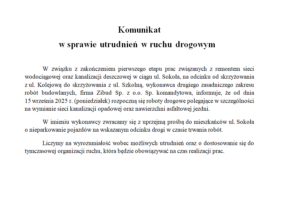 Komunikat w sprawie utrudnień w ruchu drogowym