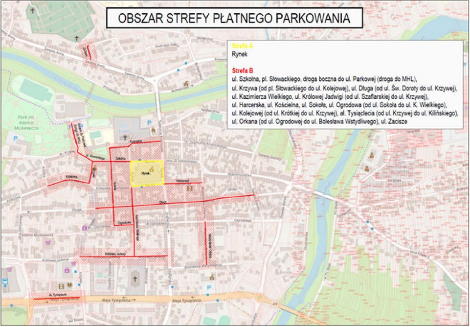 Mapa przedstawiająca obszar strefy płatnego parkowania opisanej poniżej