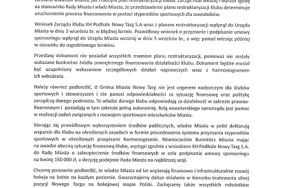 Oświadczenie władz Miasta Nowy Targ w sprawie KH Podhale S.A..jpg