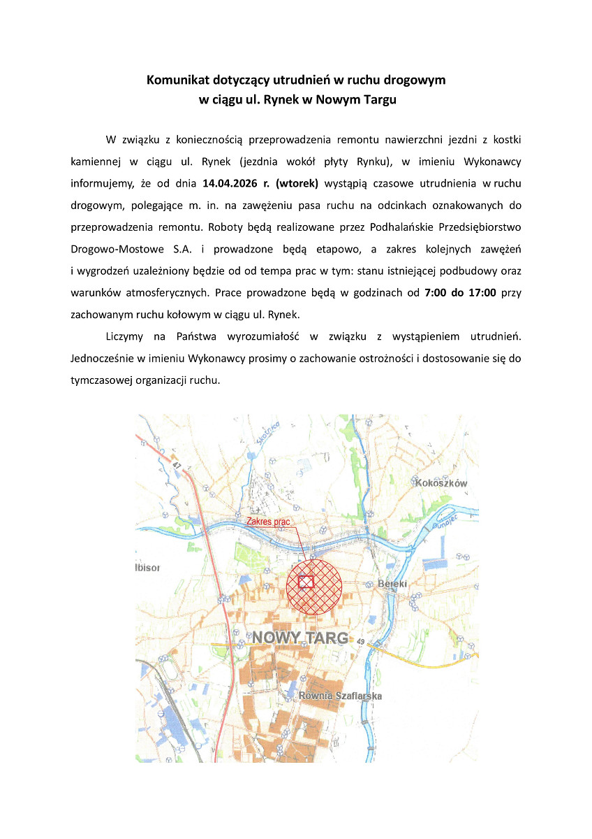 Ogłoszenie I o utrudnieniach w ruchu drogowym ul. Rynek.jpg
