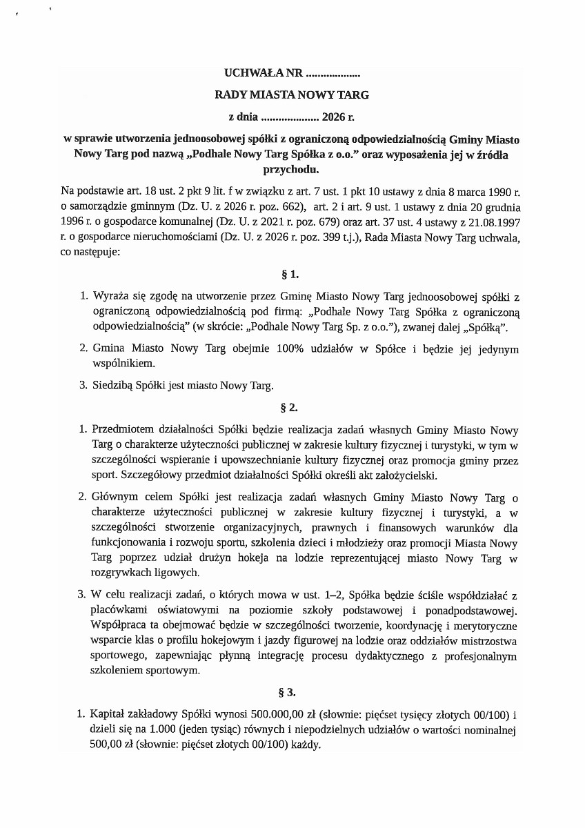 Projekt uchwa┼éy w sprawie utworzenia jednoosobowej sp├│┼éki z o.o. Gminy Miasto Nowy Targ pod nazw─ů Podhale Nowy Targ Sp├│┼éka z o.o. oraz wyposa┼╝enia jej w ┼║r├│d┼éa przychodu-obrazy-0.jpg